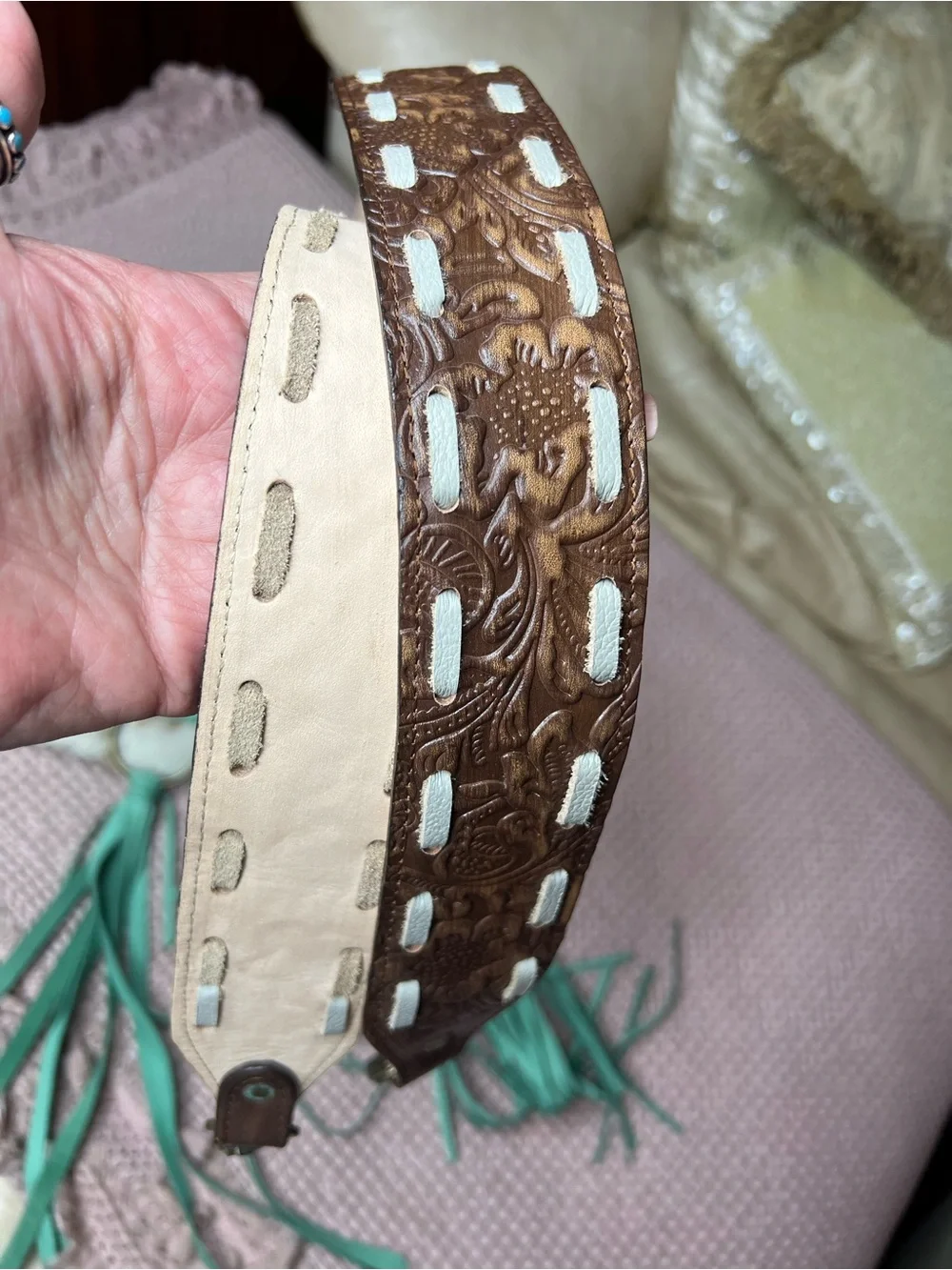 Keep It Gypsy Cowhide Turquoise Fringe Upcycled LV Crossbody Bag